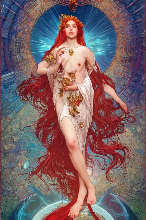 Prompt: a full body tarot card of the red haired tjocc empress of eternity, space, universe, portrait, highly detailed, deep focus, elegant, digital painting, smooth, sharp focus, illustration, ultra realistic, 8 k, art by artgerm and alphonse mucha