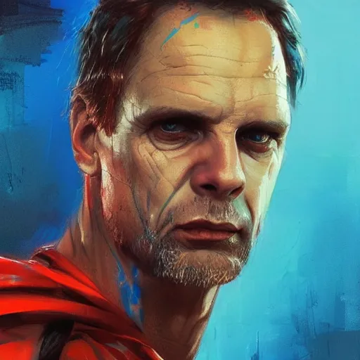 Image similar to portrait of superhero by greg rutkowski, michael biehn wearing a blue and red kevlar gear, highly detailed portrait, digital painting, artstation, concept art, smooth, sharp foccus ilustration, artstation hq