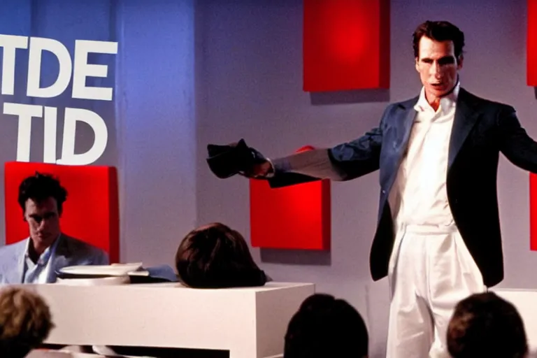 Image similar to patrick bateman giving a ted talk