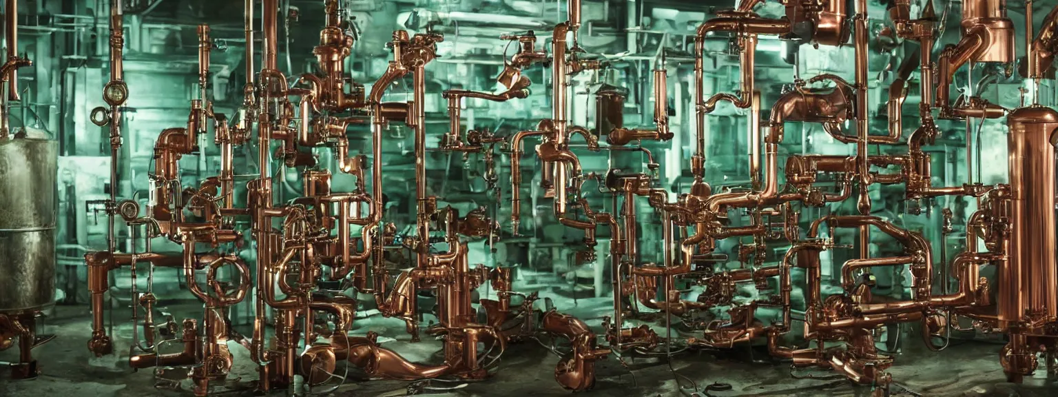 Prompt: a super high resolution film still of machine apparatus for making snake oil, huge copper machine fed by a hopper of snakes, purple and green pipework, directed by denis villeneuve, 8 k, snake machine, cinematic lighting