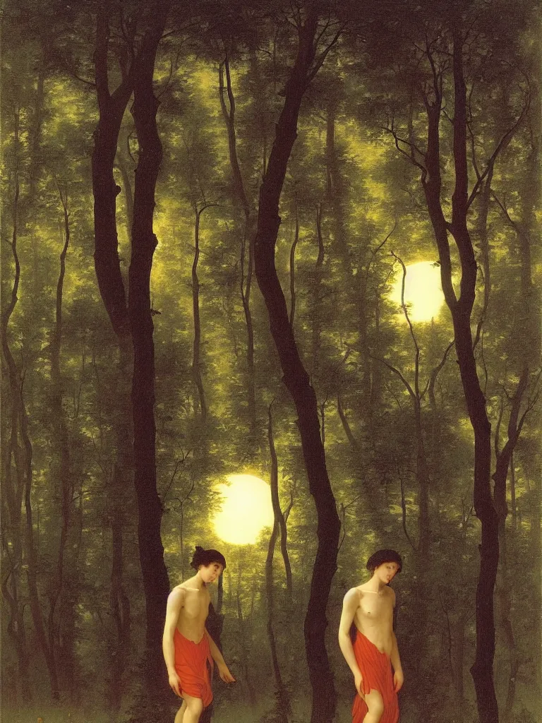 Image similar to young man with long body and long limbs is walking through the forest by the moonlight, by bouguereau and by andrey remnev