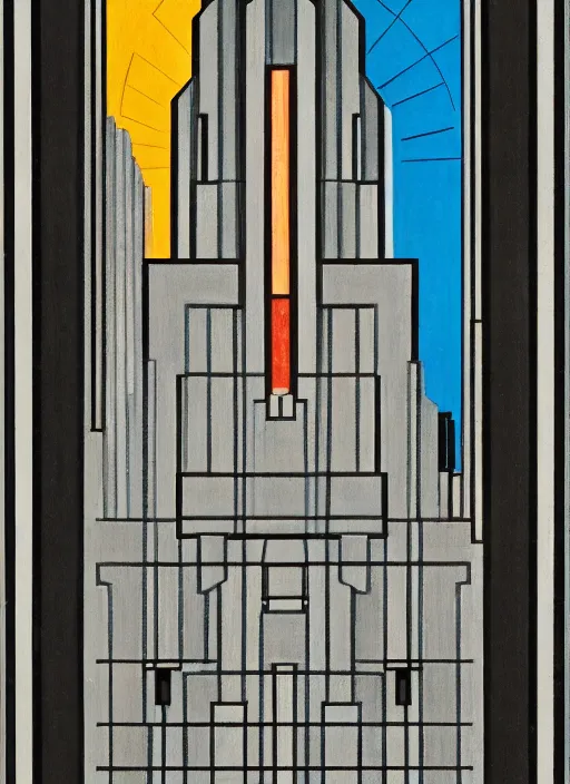 Image similar to isometric artdeco cathedral by frank lloyd wright, isometric, painted by piet mondrian in isometric from above