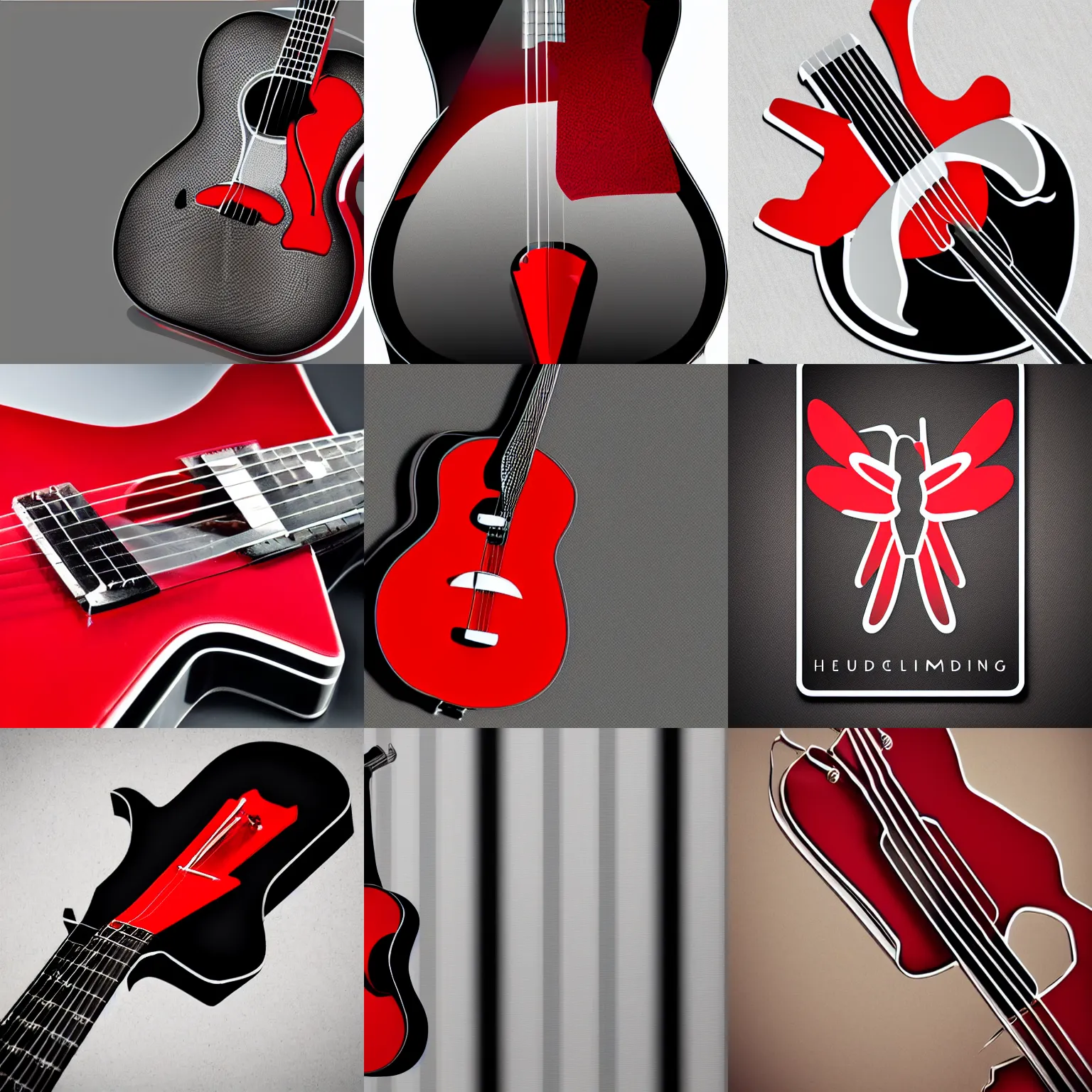 Prompt: red hummingbird, black guitar, silver background, modern logo, sleek, angular, agressive