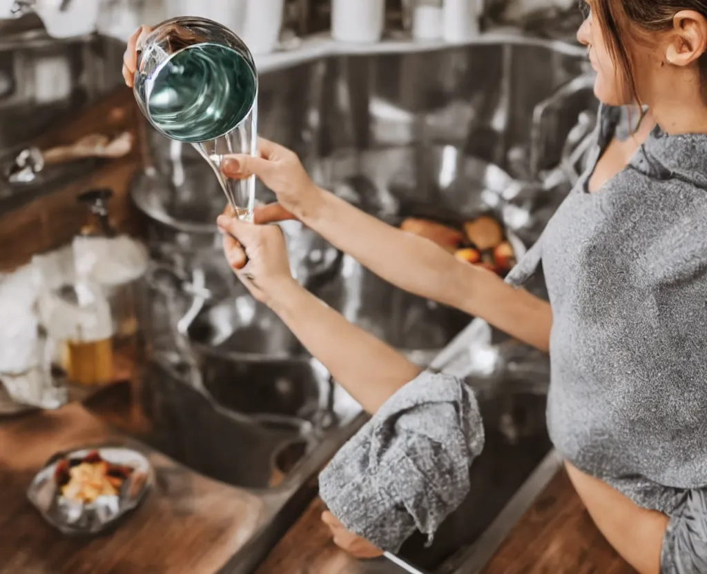 Prompt: first person point of view of a woman holding a glass infront of kitchen sink