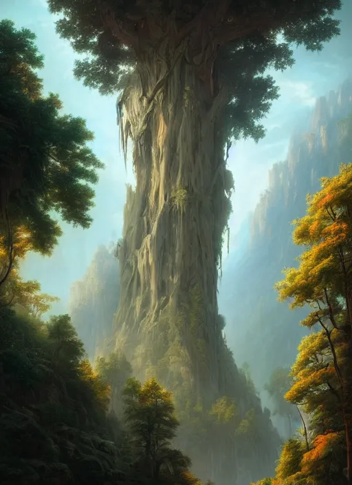 Image similar to detailed valley of very tall thing trees, light shafts, stunning atmosphere, naturalistic art by asher brown durand, inspired by greg rutkowski and peter mohrbacher