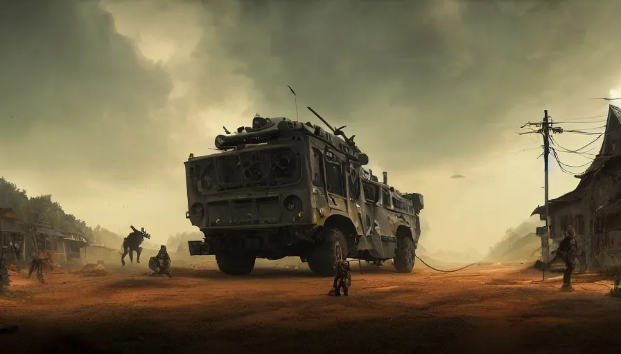 Image similar to a militarized police vehicle riding through a kerala village, furious action scene, an epic fantasy, dramatic lighting, cinematic, establishing shot, extremely high detail, photorealistic, cinematic lighting, artstation, matte painting, octane render, hdr, by simon stalenhag, horizon forbidden west