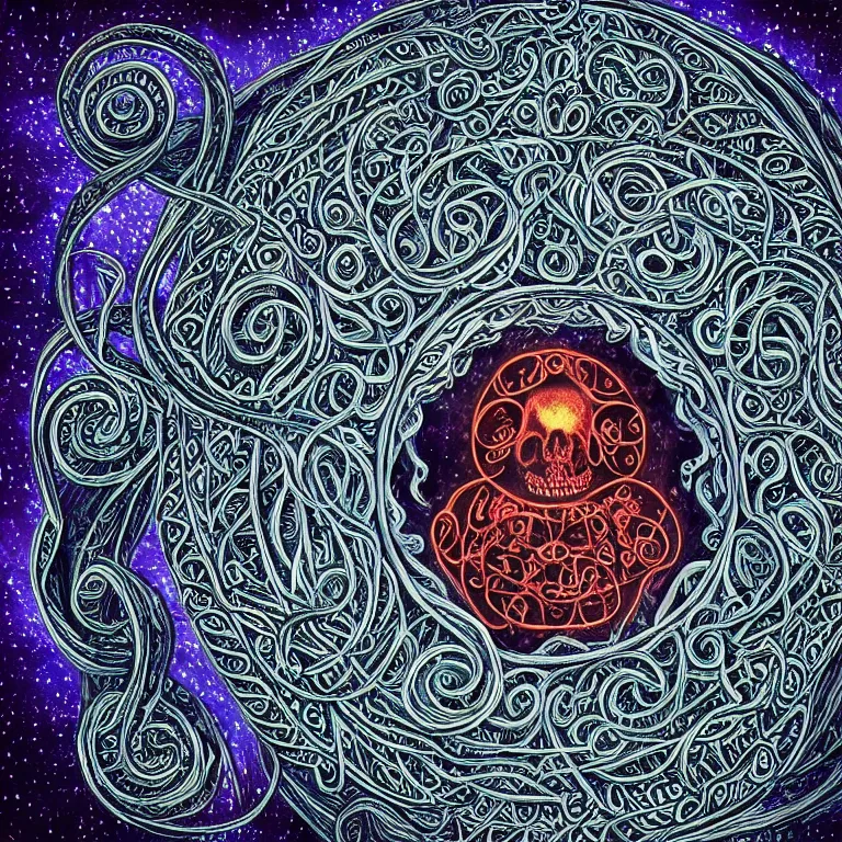Prompt: a giant skull with intricate rune carvings and glowing eyes and three dimensional symmetrically braided lovecraftian tentacles haunting the mythical cosmos with twirling smoke trails and a endlessly twisting vortex of dying galaxies, depicted in a intricate mandala, digital art, vivid colors, highly detailed