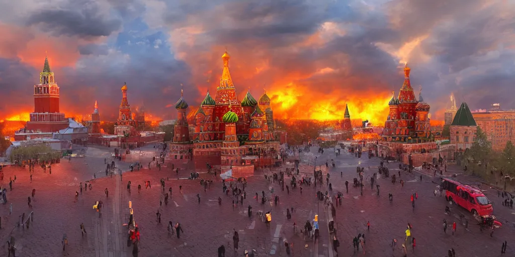 Image similar to a fiery thunderstorm with a tornado over red Square in Moscow, lot of people running and crying, photorealistic, 4k, unreal engine 5, trending on artstation, artstationHD