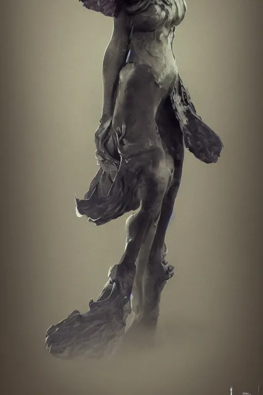 Image similar to a statue made of dark raven, dark purple lantern, inflateble shapes, mystery, mysterious, soft shadows, soft dark muted colors, simple shapes, golden ratio, perfect composition, darkness, masterpiece, dramatic, medium close - up ( mcu ), vogue, highly detailed, artstation, concept art, dark poisoned forest background, octane render