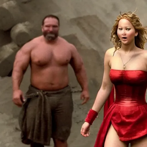 Prompt: first photos of 2 0 2 4 female 3 0 0 remake - jennifer lawrence as leonidas, put on 1 0 0 pounds of muscle, steroids, hgh, ( eos 5 ds r, iso 1 0 0, f / 8, 1 / 1 2 5, 8 4 mm, postprocessed, crisp face, facial features )