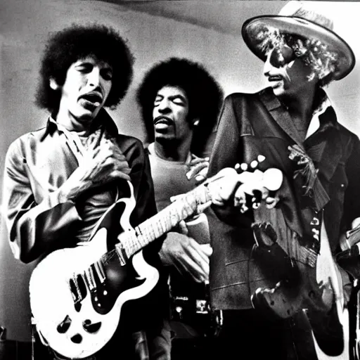 Prompt: bob dylan playing with jimi hendrix, photograph