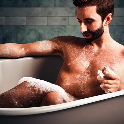 Image similar to man bathing in a tub full of nutella, dslr, 8 k, octane beautifully detailed render, cold lighting, cinematic lighting, detailed photo, masterpiece, volumetric lighting, ultra realistic, highly detailed, high quality, lossless, photorealistic