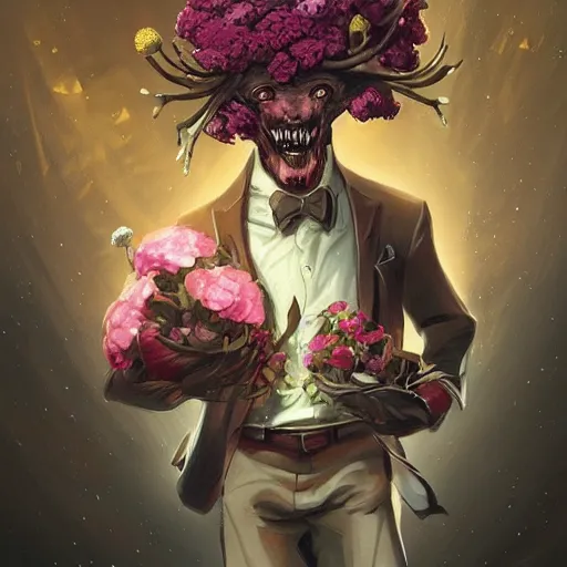 Prompt: extraterrestrial gentlemen holds a bunch of flowers, artstation, kinkade