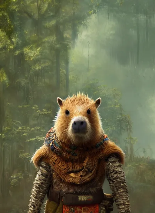 Image similar to detailed full body concept art illustration soft focus oil painting on canvas of an anthropomorphic capybara druid in full intricate clothing, biomutant, dystopian, micro detail, octane render, 4K