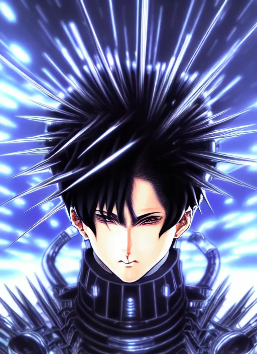 Image similar to a detailed manga full body portrait illustration of a dark spiky haired cyborg anime man surrounded by dark steam by hirohiko araki, detailed artwork, realism, 4 k resolution, detailed, high quality, sharp focus, hq artwork, insane detail, volumetric lighting, character concept art, fine details, clear subject, central subject