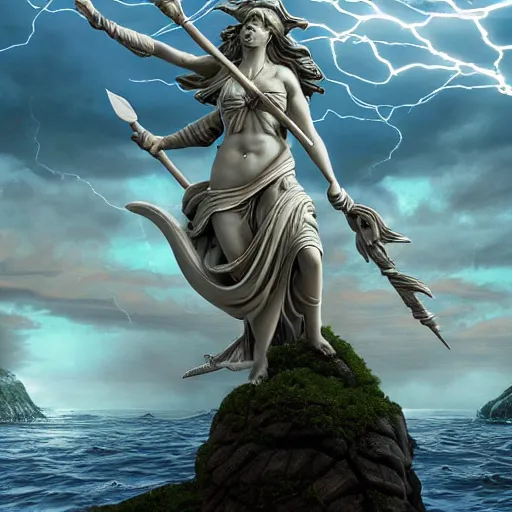 Prompt: Gigantic marble statue of the Goddess of the sea wielding a trident on an island, Roiling waves at the base, Scene lit by lightning, Thunderclouds in the background, Fantasy setting, Magic, Extremely detailed, Fantasy art style, 4k -H 1024 -W 512