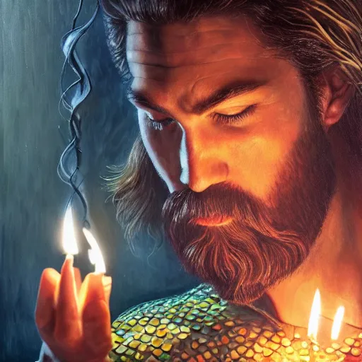 Prompt: intricate five star portrait of aquaman blowing the candle at his birthday, emotion, oil on canvas, hdr, high detail, photo realistic, hyperrealism, matte finish, high contrast, 3 d depth, centered, masterpiece, grainy, tasteful colors, enhanced light effect, enhanced eye detail, artstationhd