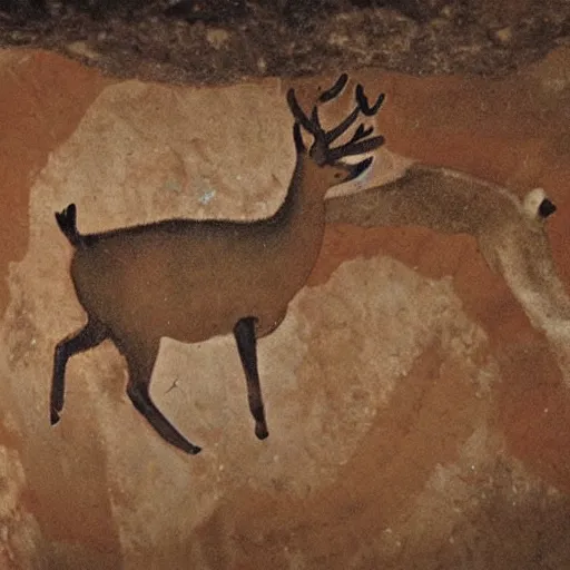 Prompt: Cave painting of Kanna Kamui hunt deer in the Altamira caves