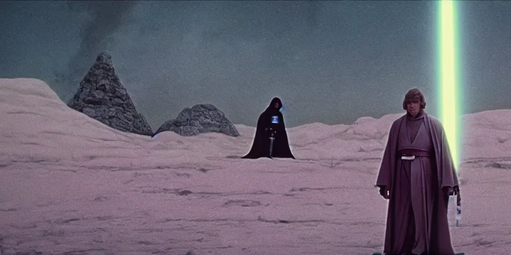 Image similar to screenshot of Luke Skywalker in dark jedi robe is lost on a surreal pink planet with black trees, minamilist 1970s sci fi film by Stanely Kubrick film, color kodak, Ektachrome, anamorphic lenses, detailed faces, hyper-realistic, photoreal, detailed portrait, moody award winning cinematography, beautiful lighting