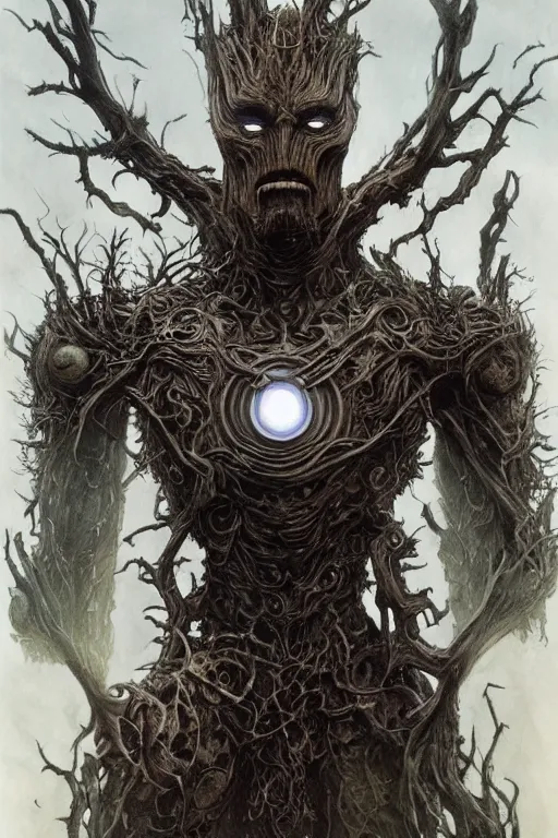 Image similar to full body concept art of Treebeard wearing iron man armor made with porcelain by Jeff Easley and Peter Elson + beautiful eyes, beautiful face + symmetry face + galaxy + gothic, surreal, dread + highly detailed, intricate complexity, epic composition, magical atmosphere + masterpiece, award winning + trending on artstation