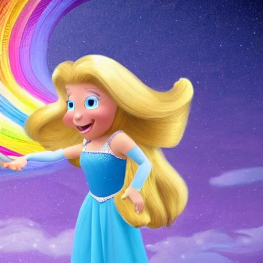 Prompt: a princess with extremely long blond hair from a cartoon riding a unicorn over a rainbow render as pixar movie