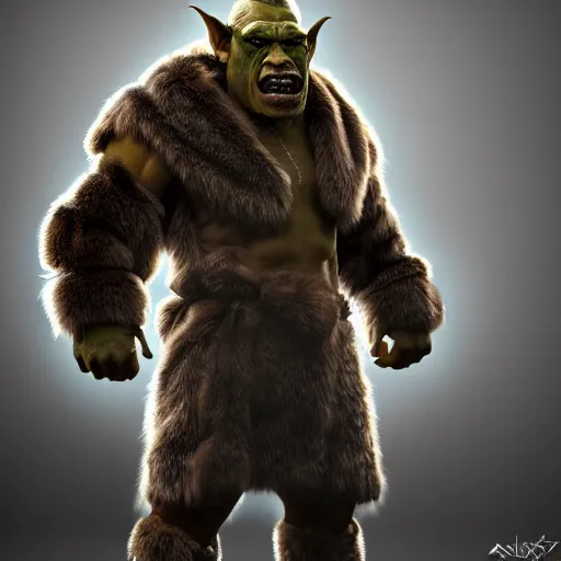 Image similar to A full body shot of a handsome orc looking into the camera wearing a fur jacket and boots, full body shot, artstation, realistic, highly detailed, symmetrical, hyper realism, high detail, octane render, unreal engine, 8k, fantasy art, highly detailed, concept art