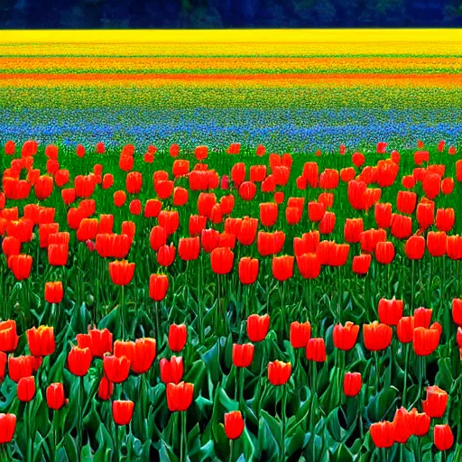 Image similar to A 4k photo of a field of tulips, blue skies, high contrast, early morning