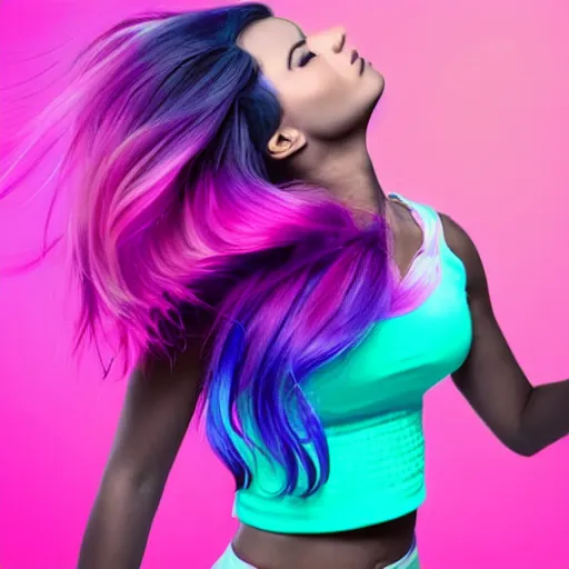 Image similar to a award winning full body shot of a beautiful woman in a croptop with a ombre purple pink teal hairstyle with head in motion and hair flying, outrun, vaporware, vivid colors, highly detailed, fine detail, intricate