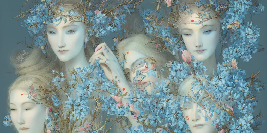 Image similar to breathtaking detailed concept art painting art deco pattern of blonde faces goddesses amalmation light - blue flowers with anxious piercing eyes and blend of flowers and birds, by hsiao - ron cheng and john james audubon, bizarre compositions, exquisite detail, extremely moody lighting, 8 k