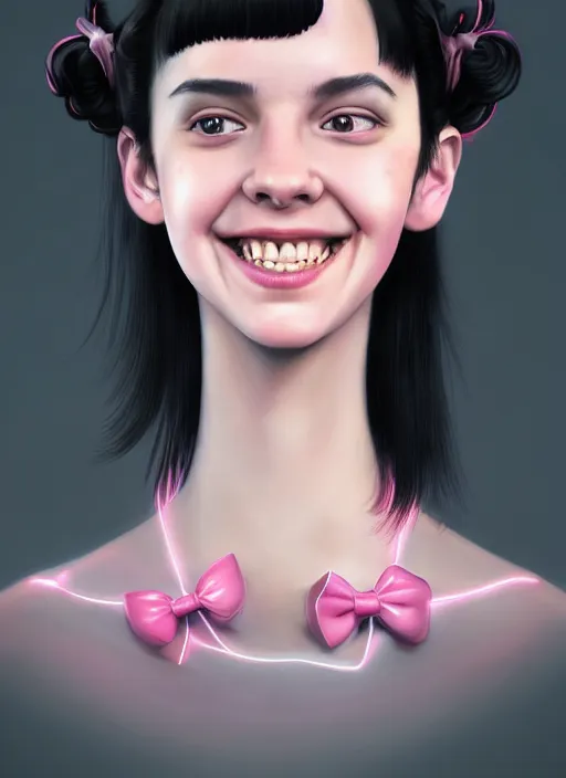 Image similar to portrait of high school girl, realistic, black hair, bangs, half updo hairstyle, pointy nose, skinny, smile, ugly, defined jawline, big chin, pink hair bow, earrings, intricate, elegant, glowing lights, highly detailed, digital painting, artstation, sharp focus, illustration, art by wlop, mars ravelo and greg rutkowski