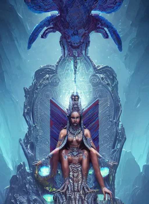 Image similar to hyper realistic photography of intricate symmetric strange aztec alien goddess sitting on opal throne in a crystal cave detailed, greg rutkowski, artstation, cgsociety