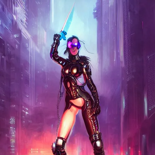 Image similar to cyberpunk girl wielding a sci - fi sword, electric energy, beautiful, full body shot, getting ready to fight, heroic pose, urban motifs, intricate, elegant, highly detailed, digital painting, trending on artstation, concept art, smooth sharp focus, illustration, art by artgerm and greg rutkowski