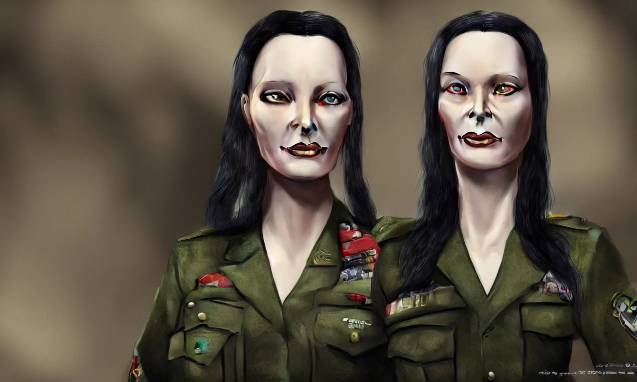 Prompt: old photograph of Morticia Addam wearing a military uniform, portrait, photorealistic, hyperrealism, highly detailed, octane render, style by John Salt,