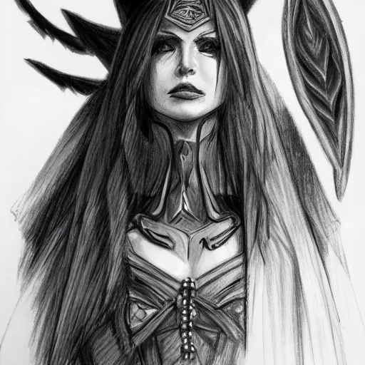 Image similar to pencil sketch of a powerful female witch with black wings, trending on artstation