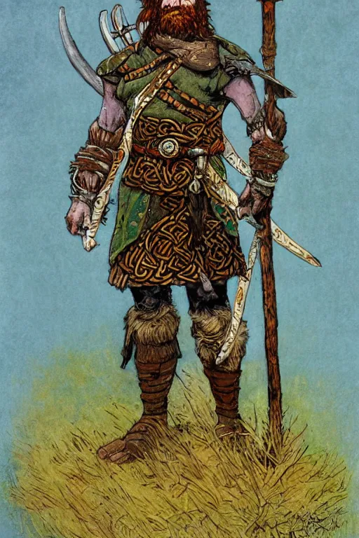 Image similar to full body character design reference art of Eoghaill of the Murine Hordes, a La Tene Culture Celtic chieftain and warrior, resplendent and proud of bearing. high quality, high detail, realistic painting, in the style of: Angus McBride, Rebecca Guay, and Michael William Kaluta. photorealistic light.