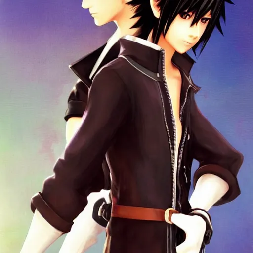 Prompt: a black haired boy with brown eyes. kingdom hearts concept art. Final fantasy Square enix. Tetsuya Nomura. By Shigenori Soejima. Geoffroy Thoorens