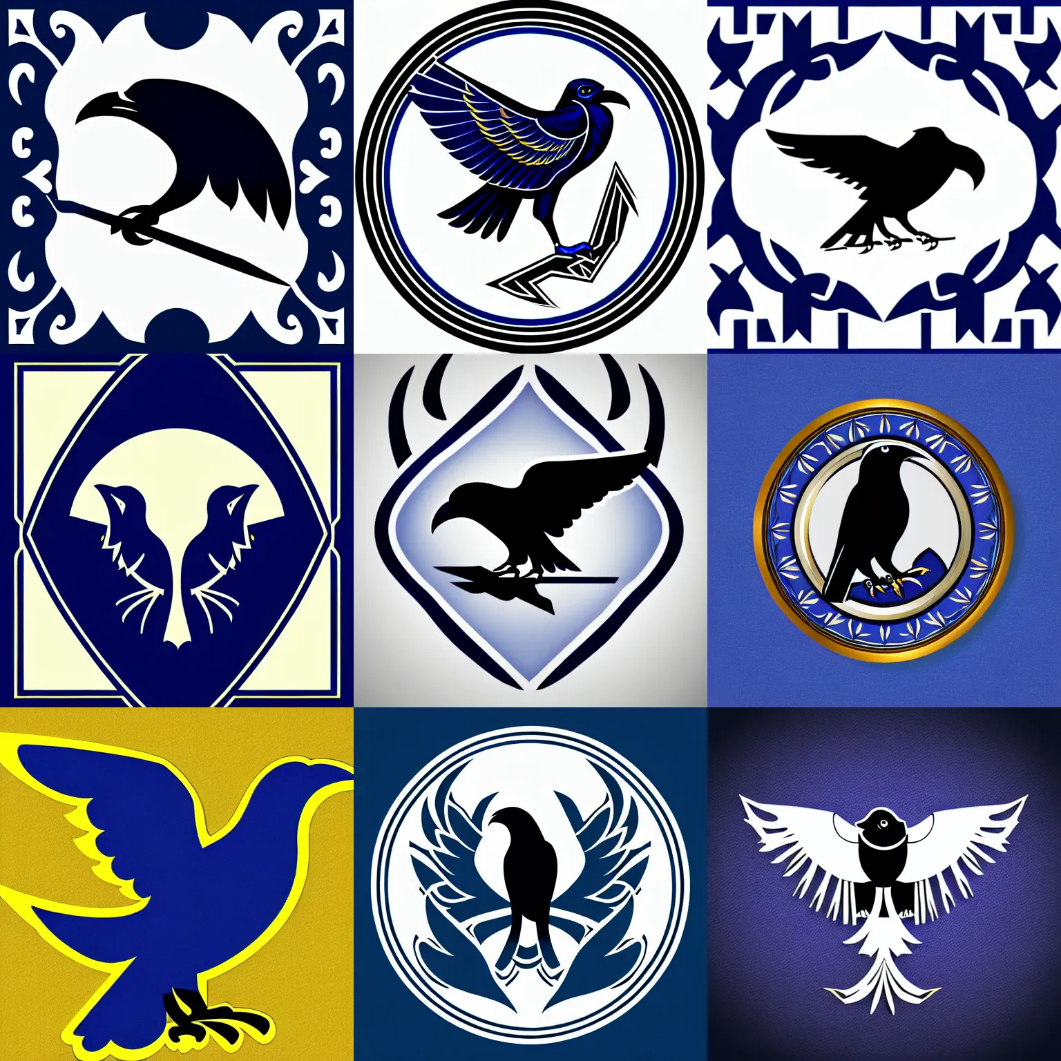 Prompt: persian style emblem portraying a raven, corporate logo, art deco, stylized, iconic, vector art, two - tone, clean lines, ultramarine blue and titanium white