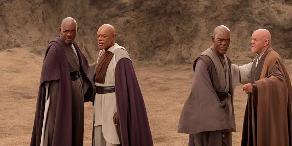 Image similar to obi - wan kenobi disney plus show, played by ewan mcgregor and old mace windu played by samuel l jackson, greet eachother, old friends, accurate ultra realistic faces, 4 k, movie still, uhd, sharp, detailed, cinematic, render, modern