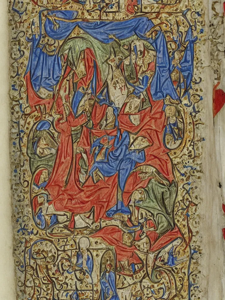 Prompt: an illuminated medieval manuscript about a from featuring bizarre marginalia
