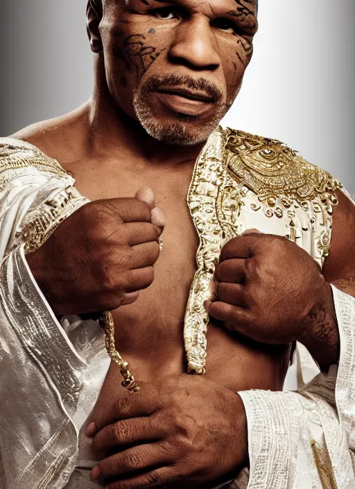 Image similar to mike tyson dressed in arab clothing, photohoot, set pieces, intricate set, vogue magazine, canon, highly realistic. high resolution. highly detailed. dramatic. 8 k. 4 k.