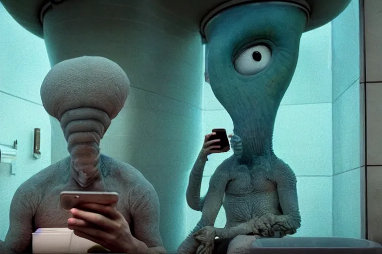 Image similar to hyperrealism aesthetic ridley scott and denis villeneuve style photography of a detailed giant squidward, siting on a detailed ultra huge toilet and scrolling his smartphone in hyperrealism scene from detailed art house movie in style of alejandro jodorowsky and wes anderson