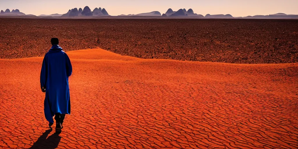 Image similar to of a photography of a man walking on desert , with blue light dark blue sky, long cloths red like silk, ants are big and they shine on the sunlight, there are sand mountains on the background, a very small oasis on the far distant background along with some watch towers, ants are perfect symmetric insects, man is with black skin, the man have a backpack, the man stands out on the image, the ants make a line on the dunes, the sun up on the sky is strong, the sky is blue and there are some clouds, its like a caravan of a man guiding dunes of the desert, colors are strong but calm, volumetric, detailed objects, Arabica style, wide view, 14mm,