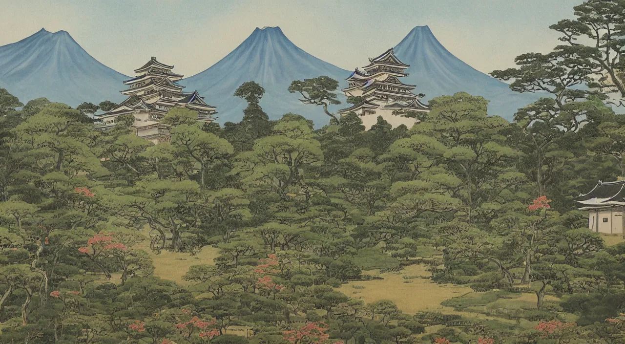 Prompt: a painting of a Japanese castle, with a garden as foreground, with mountains as background