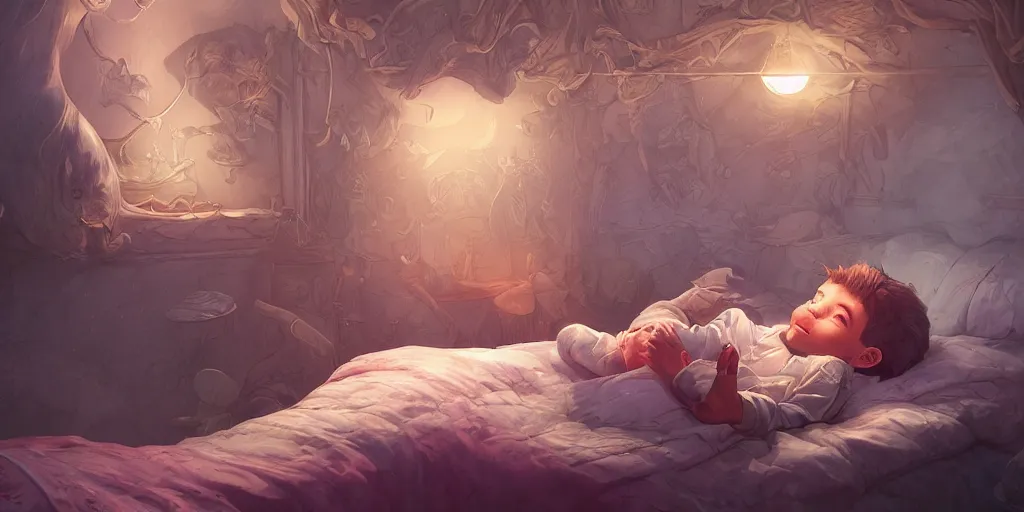 Image similar to a beautiful illustration of a little cute boy in his bed dreaming about a beautiful, fantasy, intricate, epic lighting, cinematic composition, hyper realistic, 8 k resolution, unreal engine 5, by artgerm, tooth wu, dan mumford, beeple, wlop, rossdraws, james jean, marc simonetti, artstation