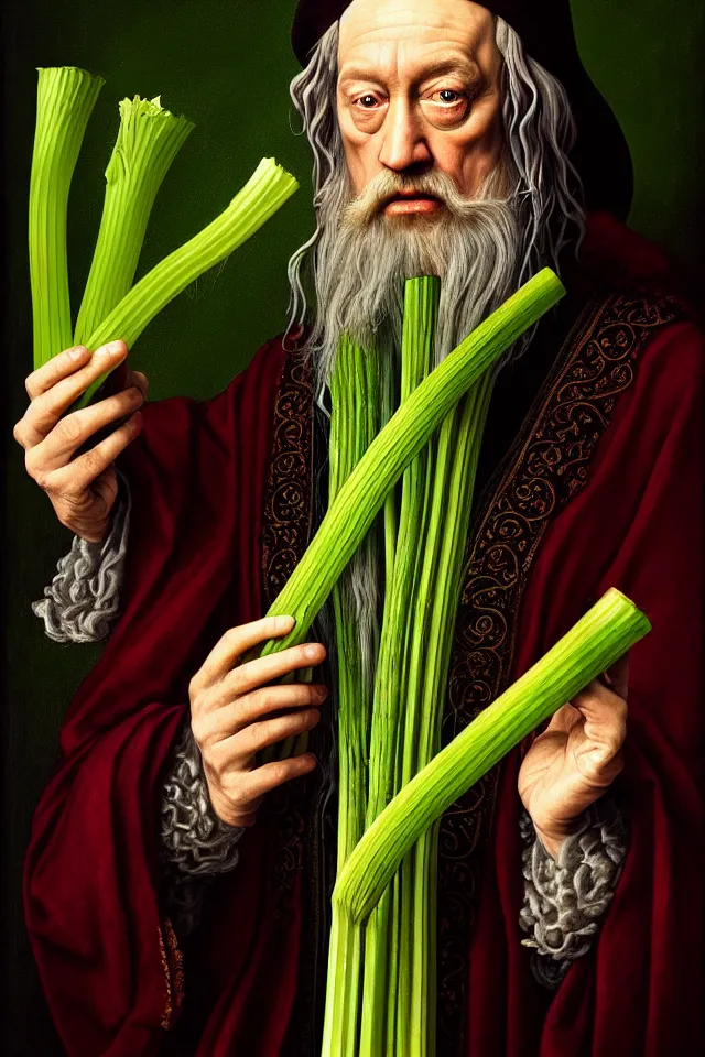 Prompt: bizarre renaissance portrait of dumbledore as a highly detailed celery stick, dramatic cinematic lighting, 8 k, beautiful intricate painting by dan mumford