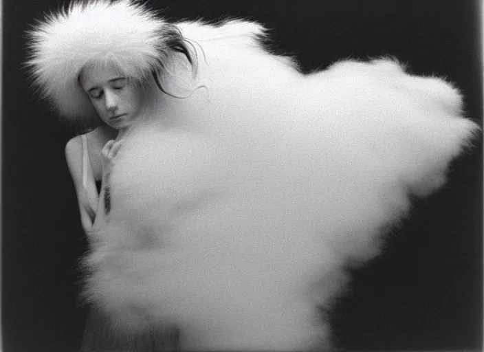 Prompt: realistic documentary portrait photo of a girl slowly morphing into white hairy fur cloud, common street, front view, grain 1 9 9 0, life magazine reportage photo, metropolitan museum photo