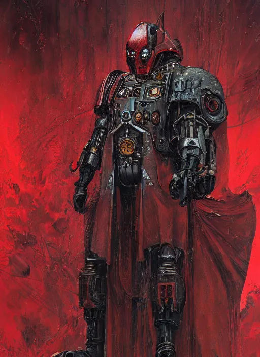 Image similar to portrait of adeptus mechanicus in red hood and robe from Warhammer 40000. Highly detailed, artstation, illustration by and John Blanche and zdislav beksinski and wayne barlowe