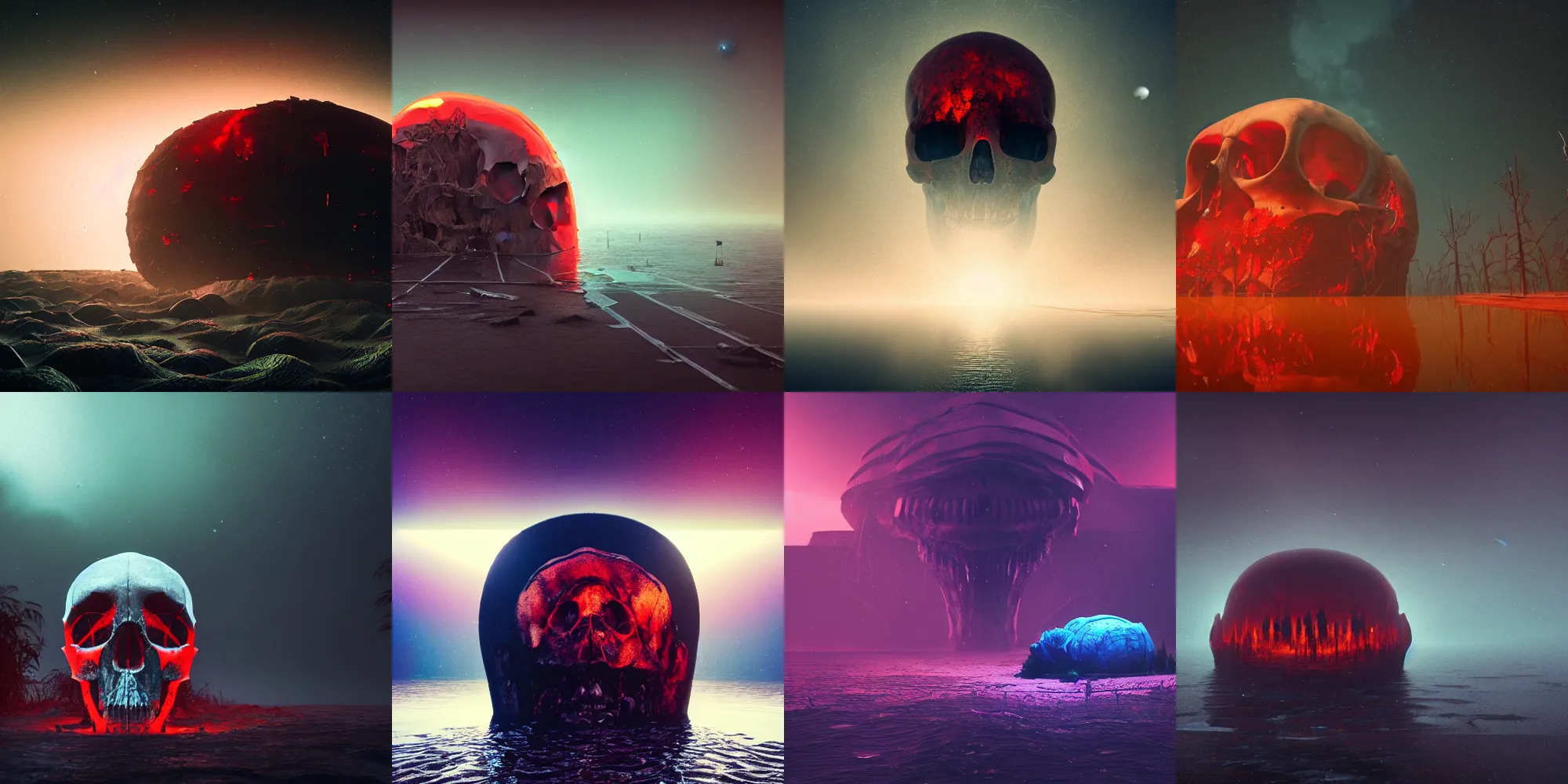 Prompt: beautiful dark bloody flooded landscape, giant human skull in the color of the universe, in the style of beeple and Mike Winkelmann, photo real, ultra realistic, intricate, epic lighting, 8k resolution, unreal engine 5, ultraviolet colors,