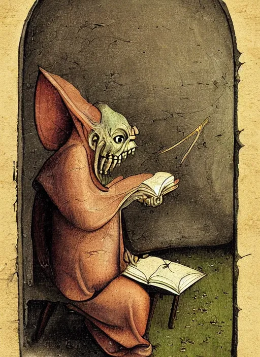 Prompt: a medieval goblin reading a book painted by hieronymus bosch, detailed digital art, trending on Artstation