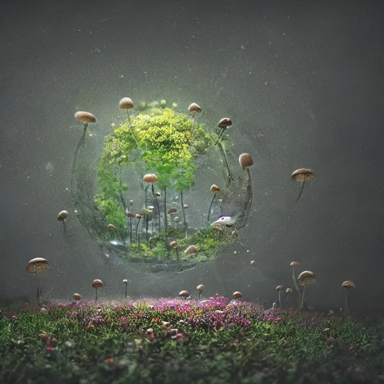 Image similar to a planet of various fungus, mushrooms, flowers and plants, inside the picture is infinity, Atmospheric, artistic photography, conceptual, long exposure outside the city, volumetric light